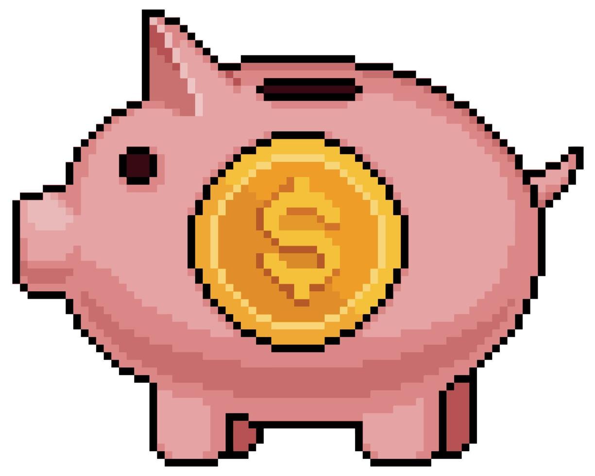 alcancía de pixel art con icono de vector de moneda para juego de 8 bits sobre fondo blanco