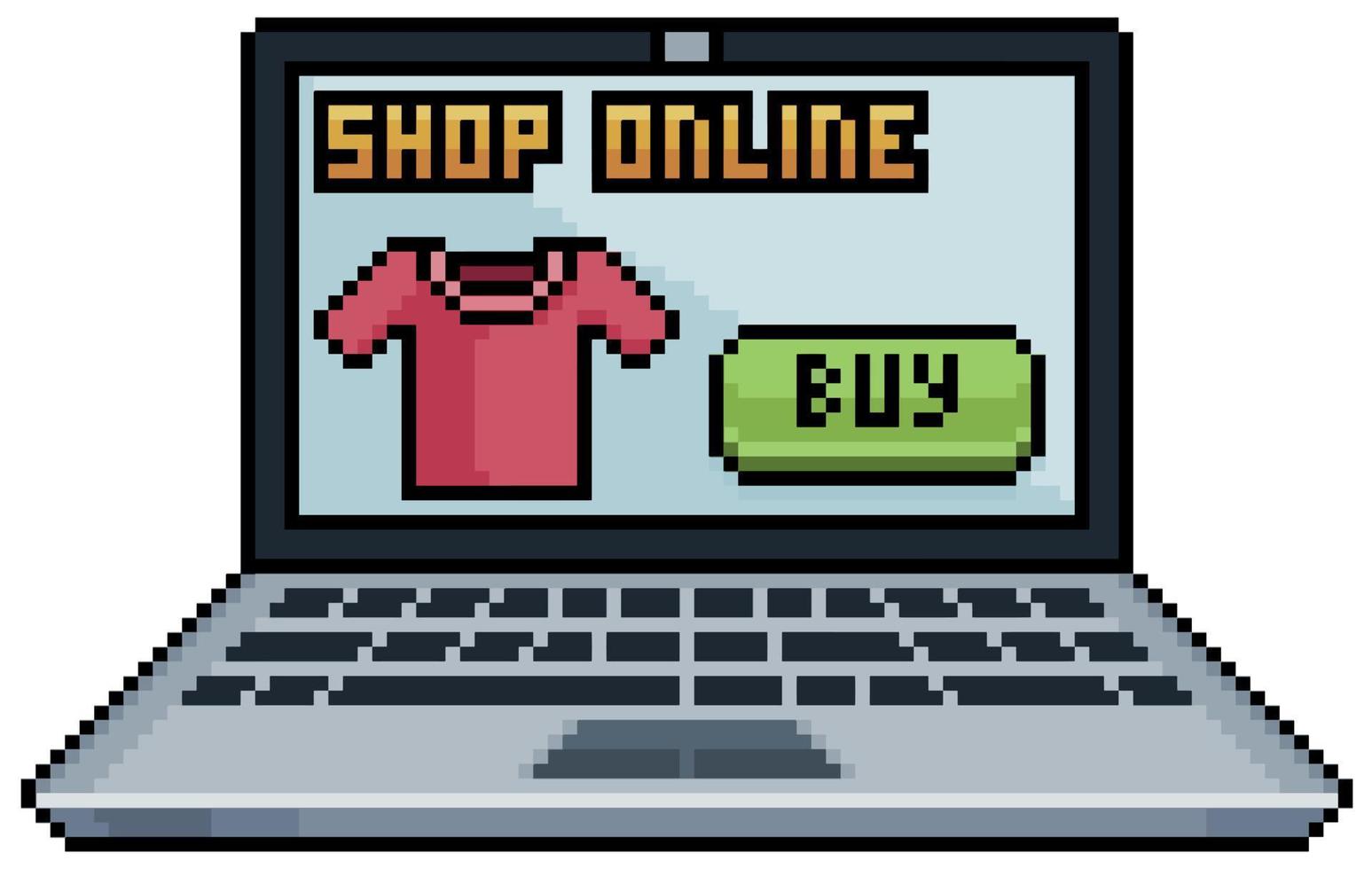 pixel art comprar en tienda en línea por icono de vector de computadora para juego de 8 bits sobre fondo blanco