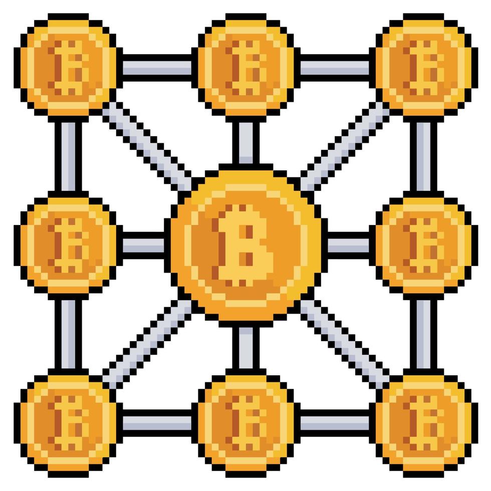 Pixel art bitcoin block chain vector icon for 8bit game on white background