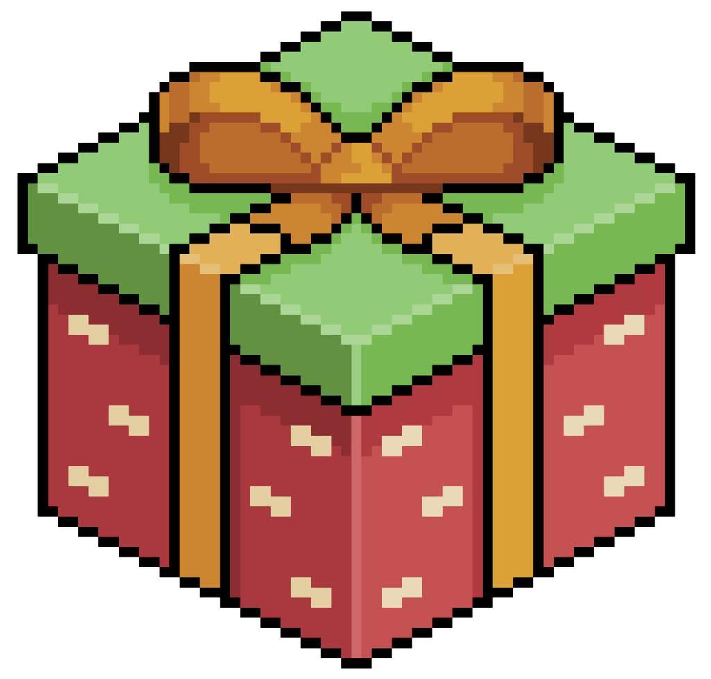 Pixel art red and green christmas gift with golden bow vector icon for 8bit game on white background