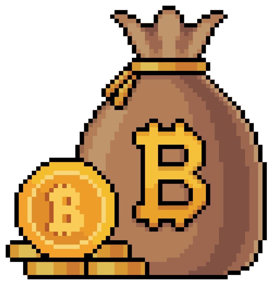 Pixel art bag of bitcoin and cryptocurrencies. vector icon for 8bit game on white background.