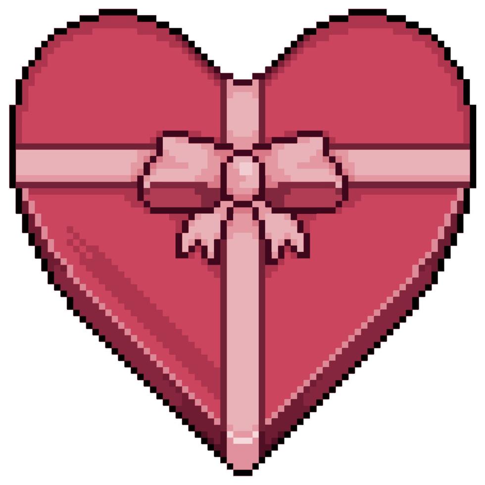 Pixel art gift in heart box vector icon for 8bit game on white background