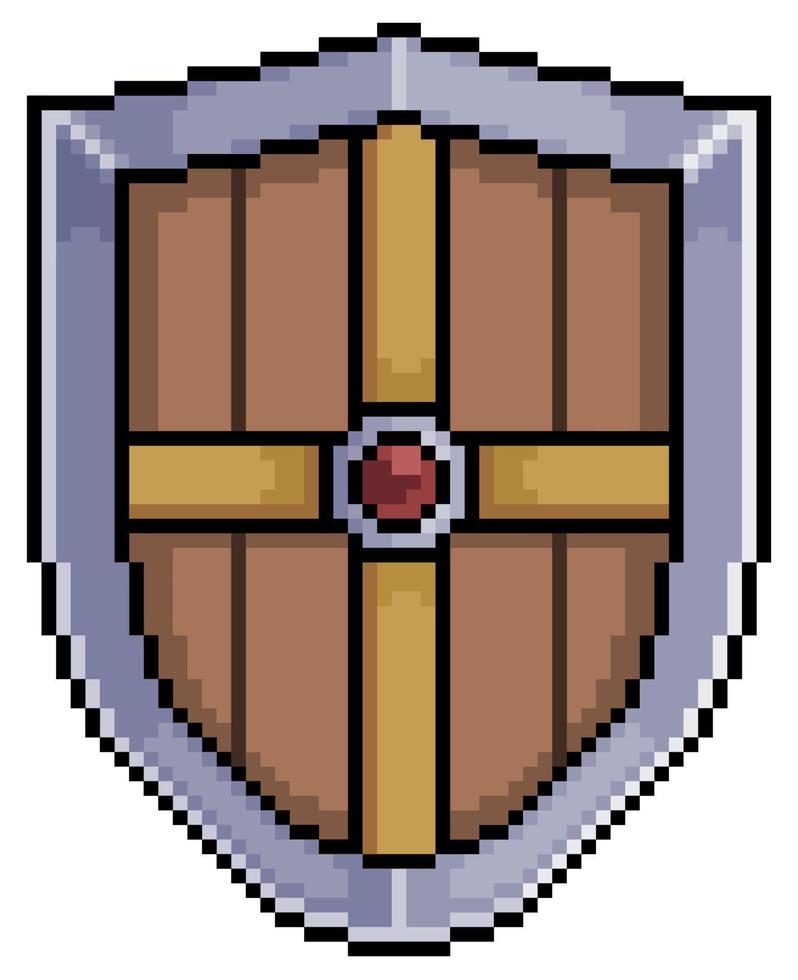 Pixel art medieval shield of iron and wood vector item for 8bit game on white background