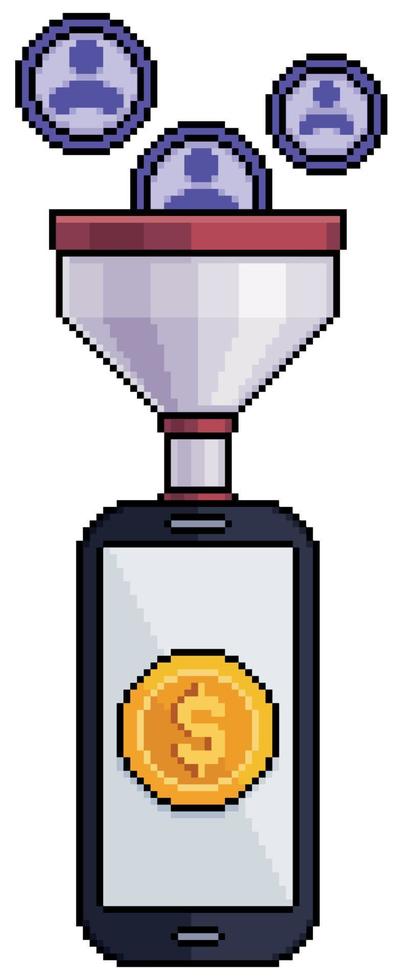 Pixel art mobile sales funnel digital marketing vector icon for 8bit game on white background