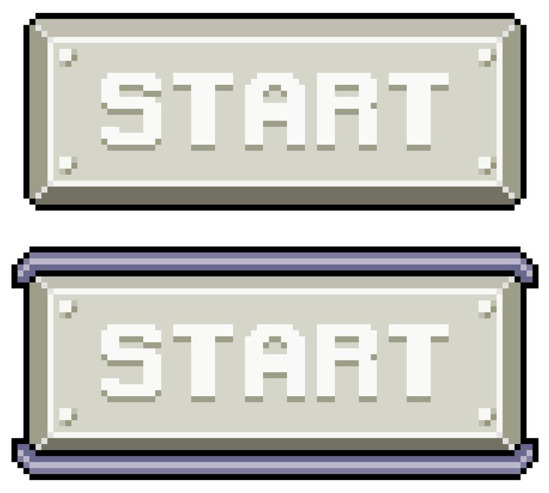 Pixel art start button for metallic style interface vector icon for 8bit game on white background