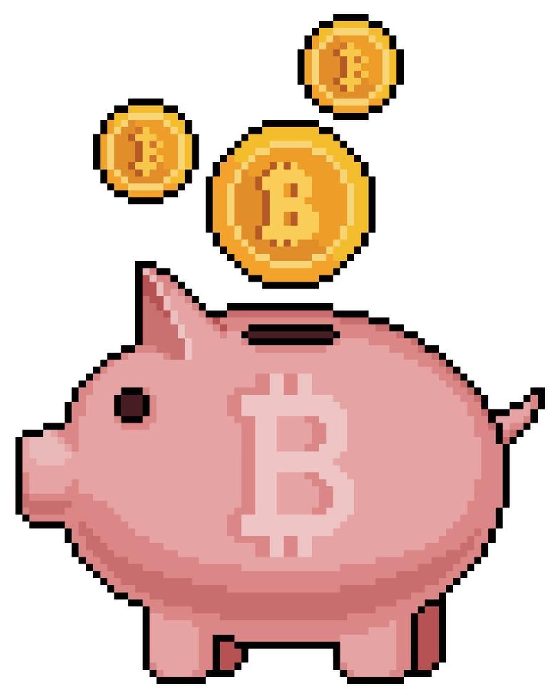 Pixel art bitcoin piggy bank vector icon for 8bit game on white background