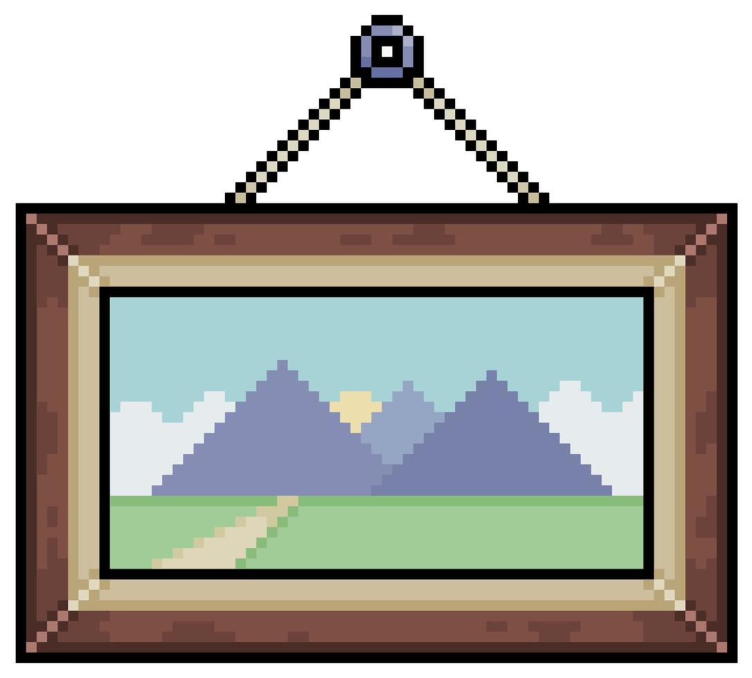 Pixel art landscape painting frame vector icon for 8bit game on white background