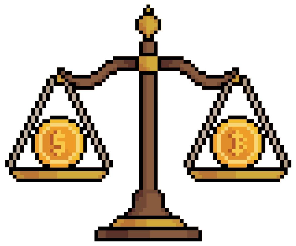 Pixel art scales with bitcoin and dollar. Investment in cryptocurrencies vector icon for 8bit game on white background