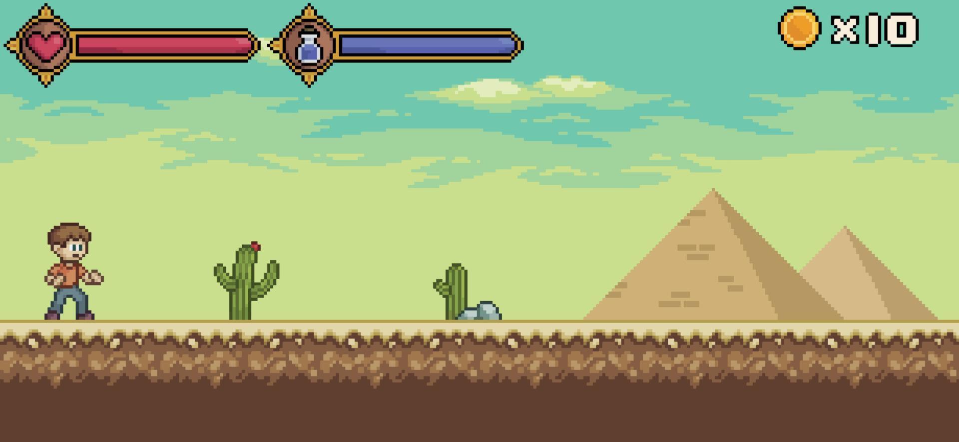 escena de juego del desierto de pixel art con personaje, barra de vida y fondo de vector de maná para juego de 8 bits