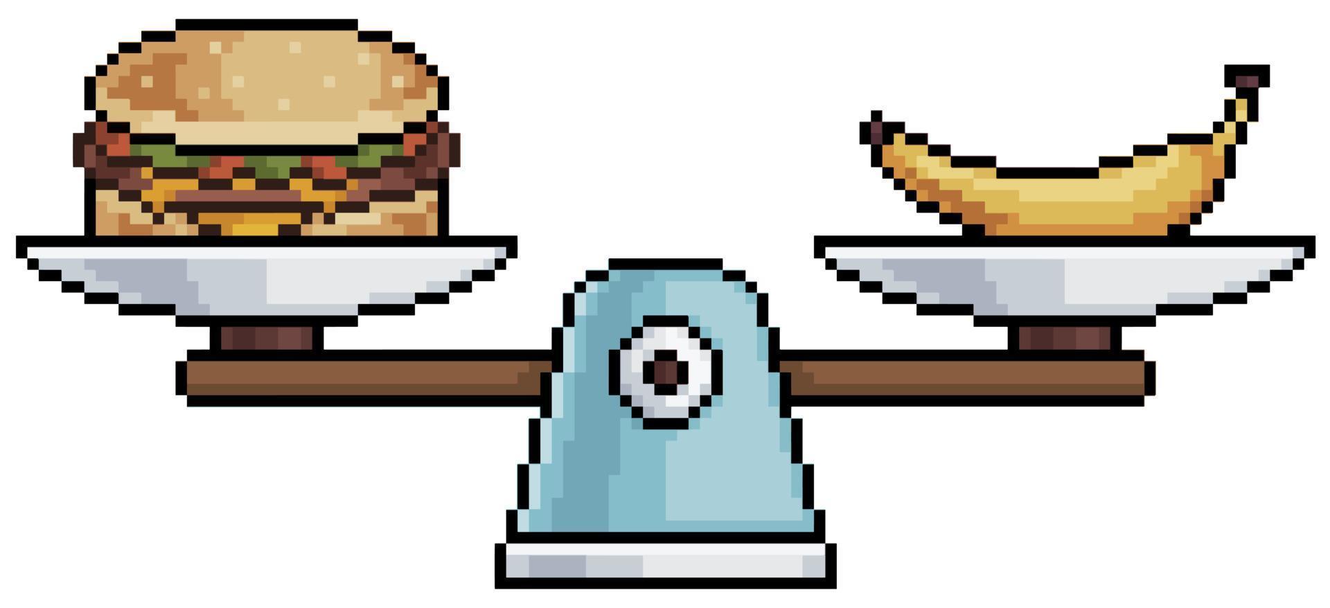 escala de comida de pixel art. icono de vector de comida saludable vs comida mala para juego de 8 bits sobre fondo blanco
