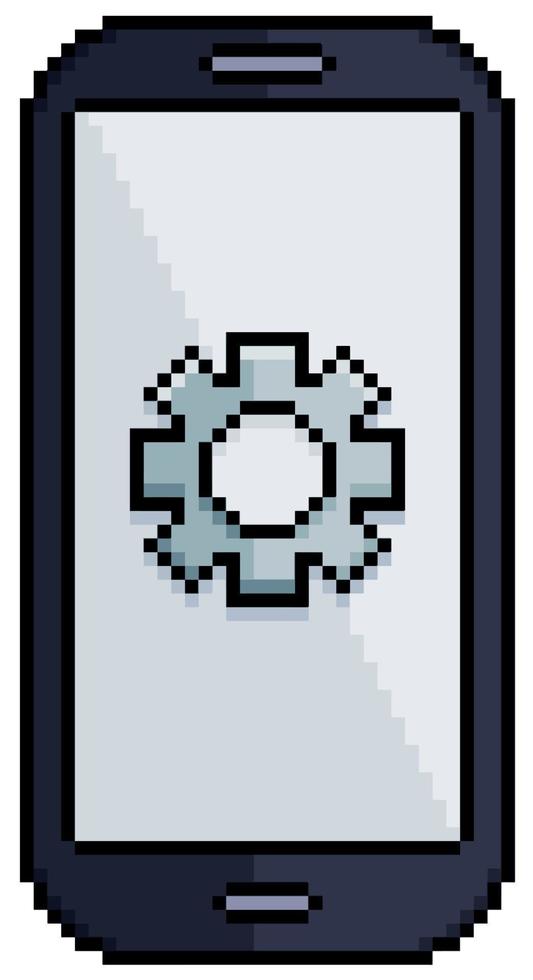 Pixel art cell phone with gear icon vector icon for 8bit game on white background