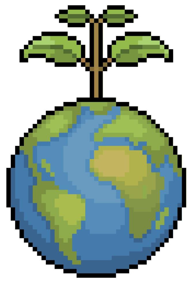 Pixel art earth with plant. Sustainable planet. Environmental Day vector icon for 8bit game on white background