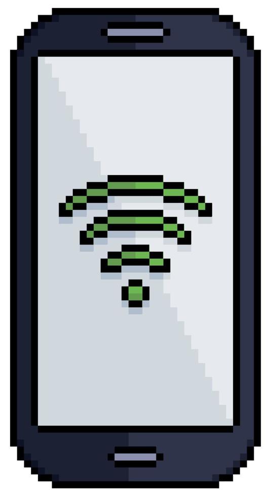Pixel art mobile phone with wifi icon on screen vector icon for 8bit game on white background