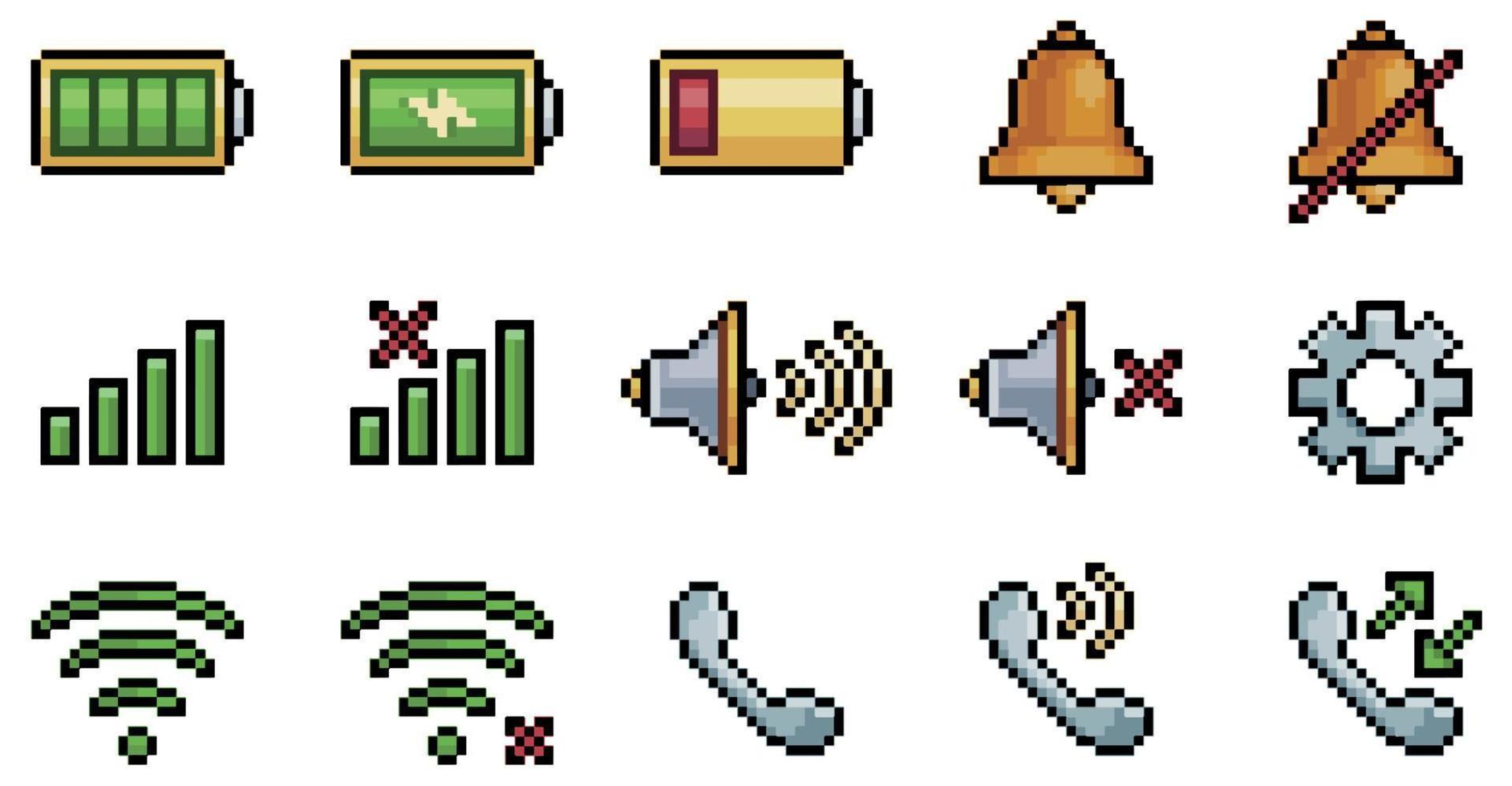 iconos de interfaz de teléfono móvil de pixel art. batería, timbre, altavoz, teléfono, icono de señal wifi icono vectorial para juego de 8 bits sobre fondo blanco vector