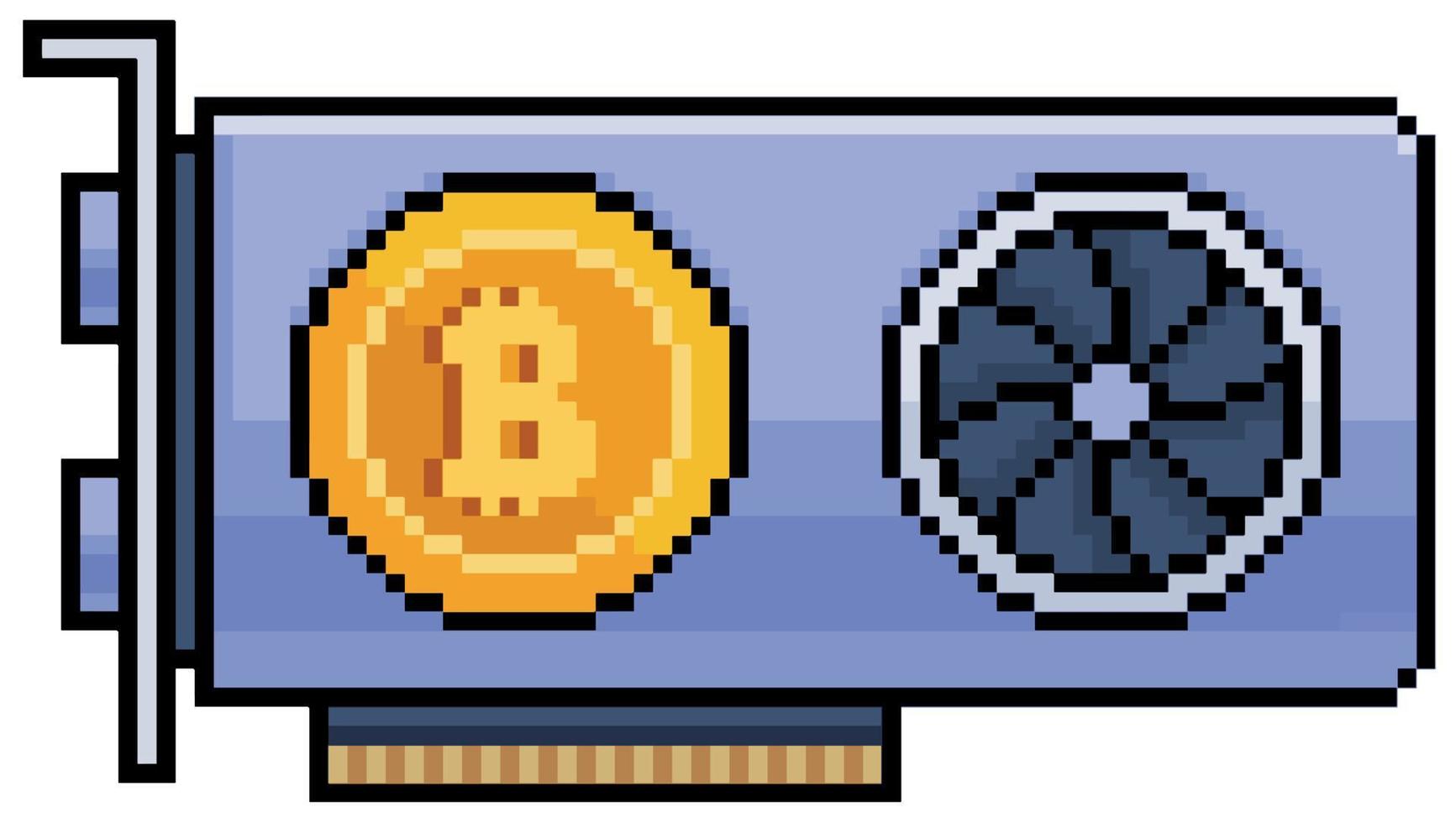 Pixel art cryptocurrency mining graphics card vector icon for 8bit game on white background