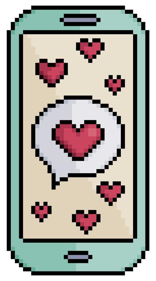 teléfono celular de pixel art con icono de vector de mensaje de amor para juego de 8 bits sobre fondo blanco
