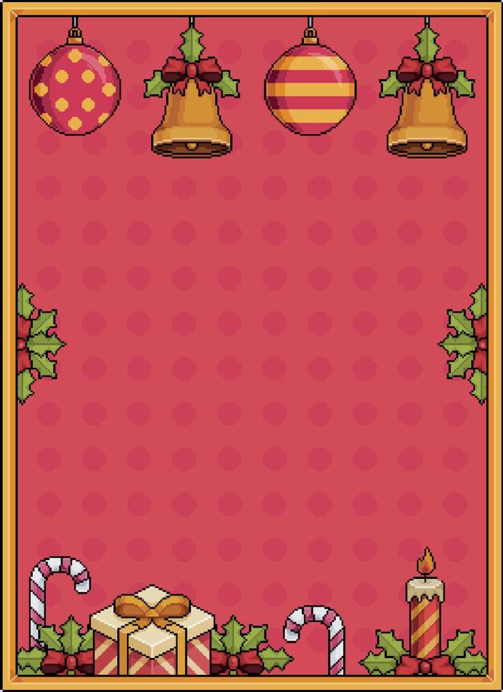 Pixel art christmas background banner 8bit with bells, christmas balls, gift, candles and lollipop vector