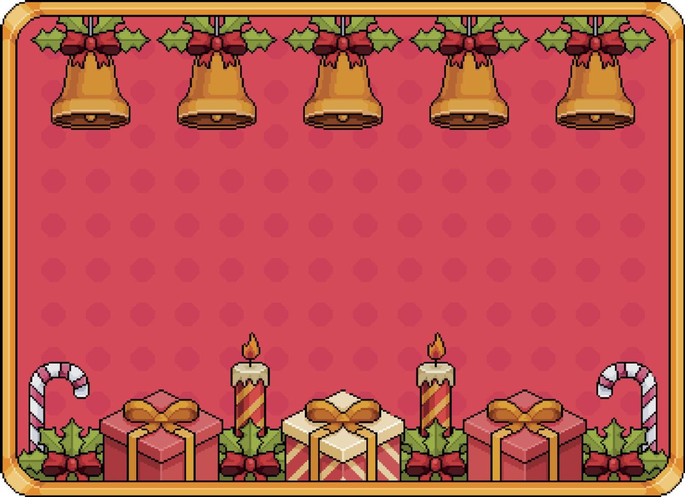 pixel art banner de fondo de navidad de 8 bits con campanas, bolas de navidad, regalo, velas vector