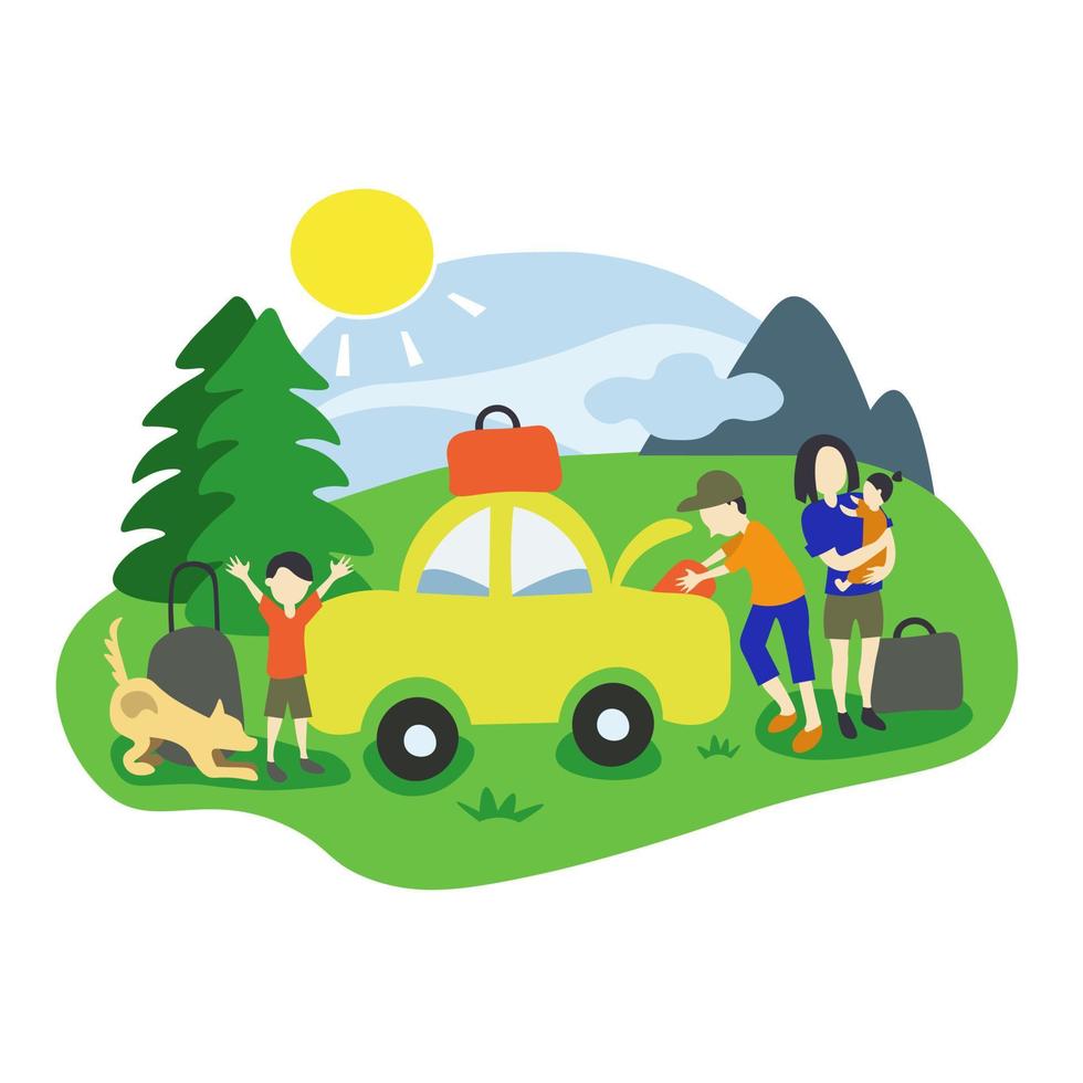 Family holiday jorney flat vector illustration for camping, adventure travel, active hikers topics