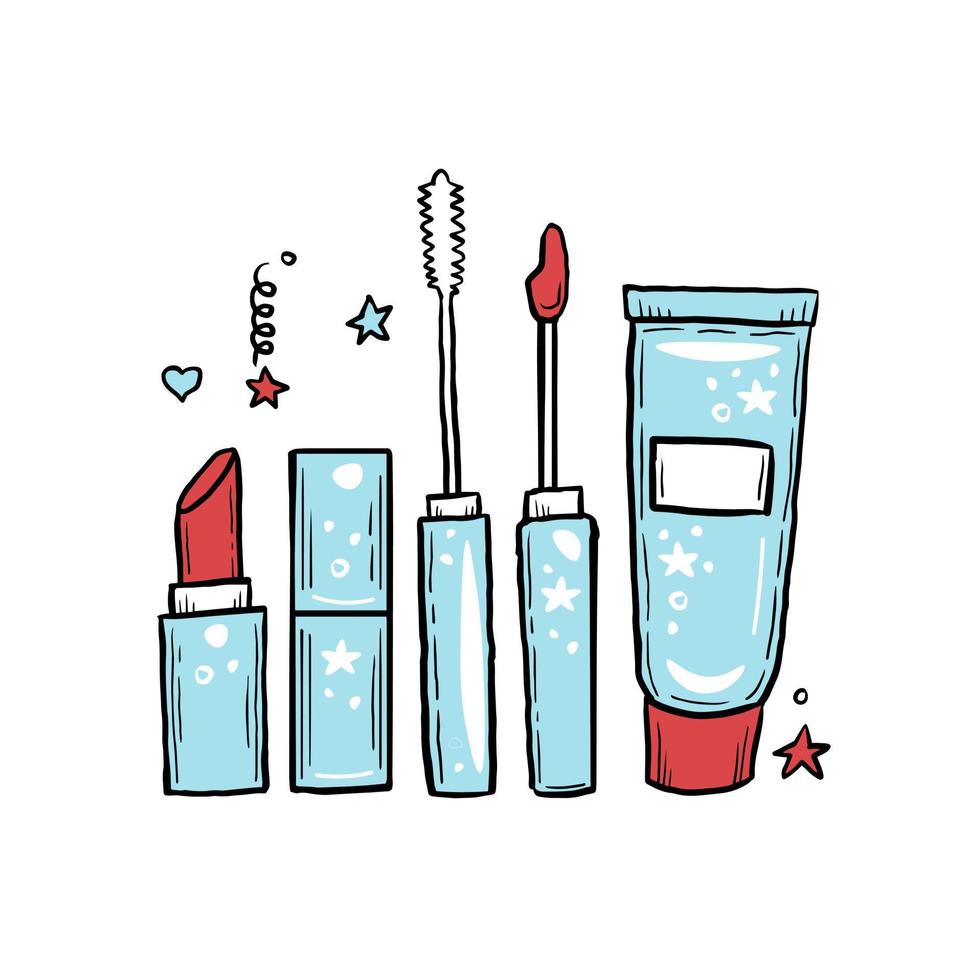 Decorative cosmetic luxury makeup products hand drawn collection in trendy cartoon style vector