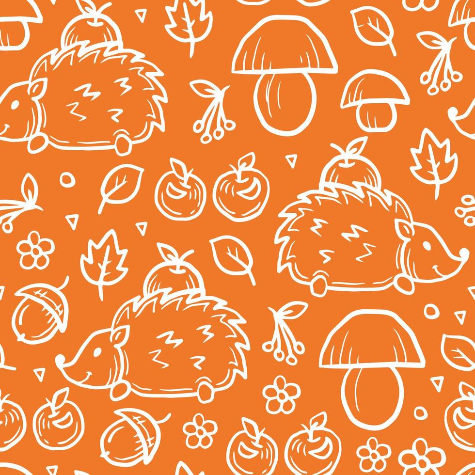 Hedgehog with apples and mushrooms childish doodle seamless pattern vector