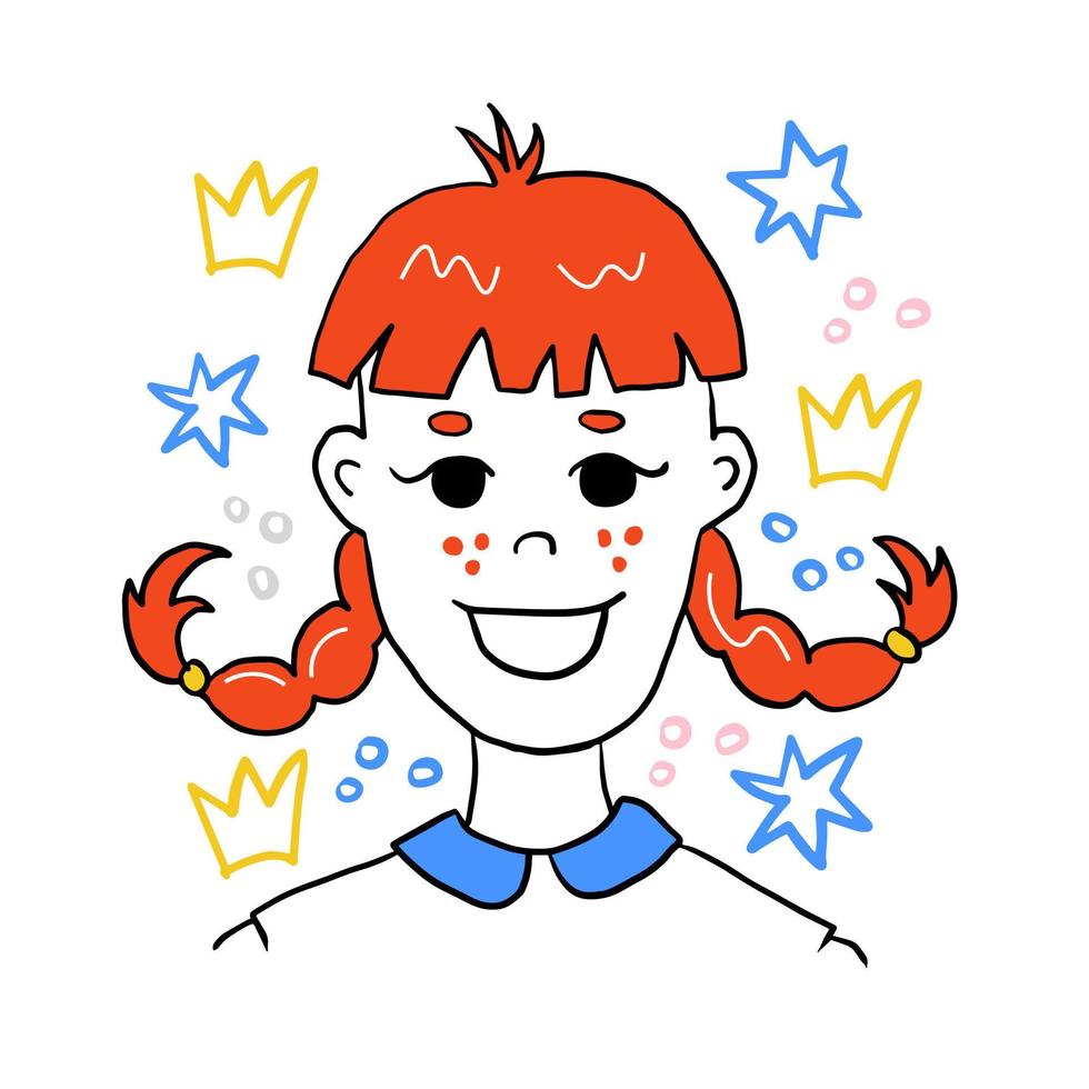 Funny red hair girl with pigtail and freckles portrait vector