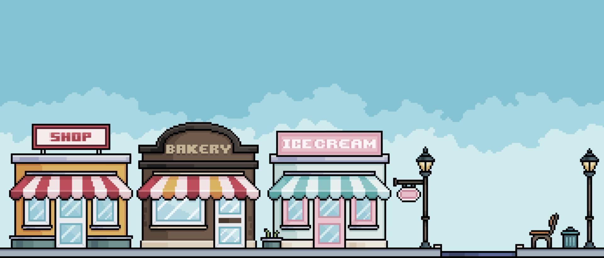 Pixel art shopping street and square with shops, bakery, ice cream. Urban landscape Cityscape background for 8bit game vector