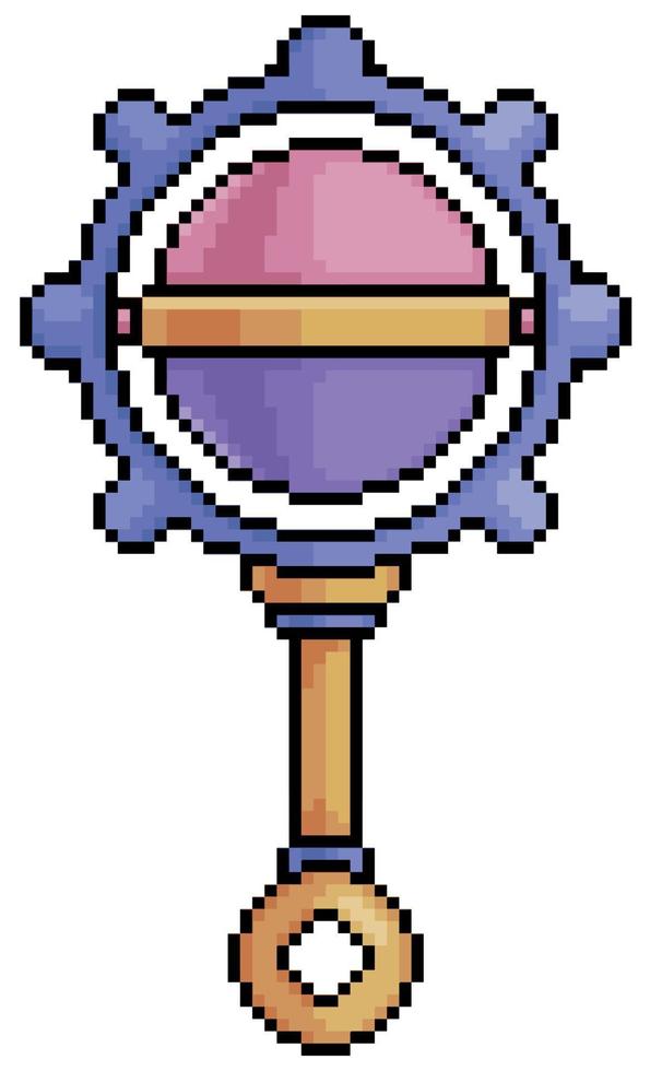 Pixel art baby rattle vector icon for 8bit game on white background