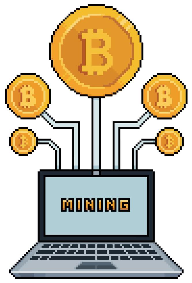 Pixel art bitcoin mining with computer vector icon for 8bit game on white background