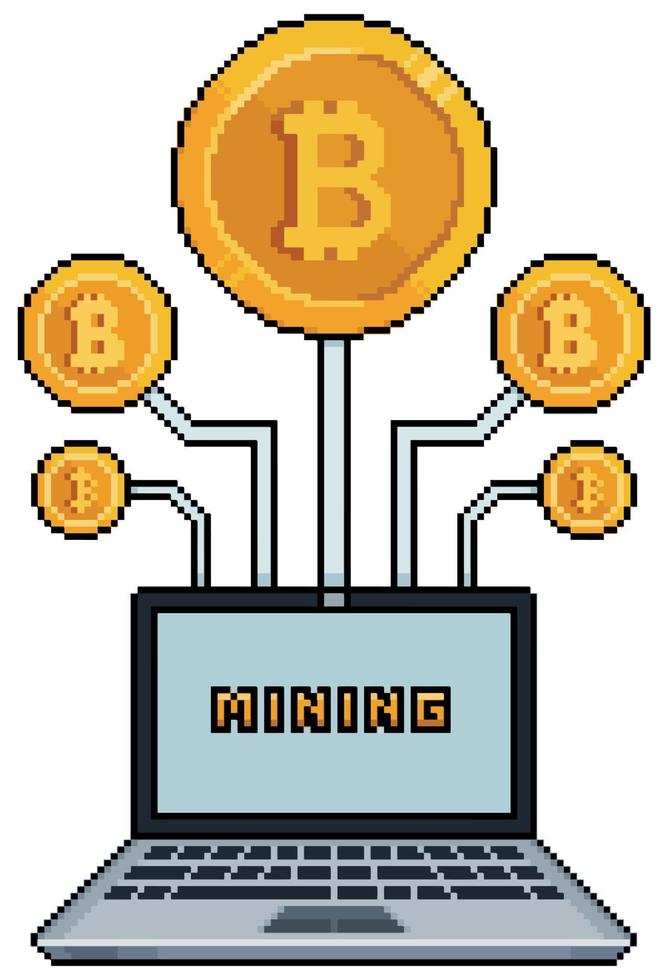 minería de bitcoin de pixel art con icono de vector de computadora para juego de 8 bits sobre fondo blanco