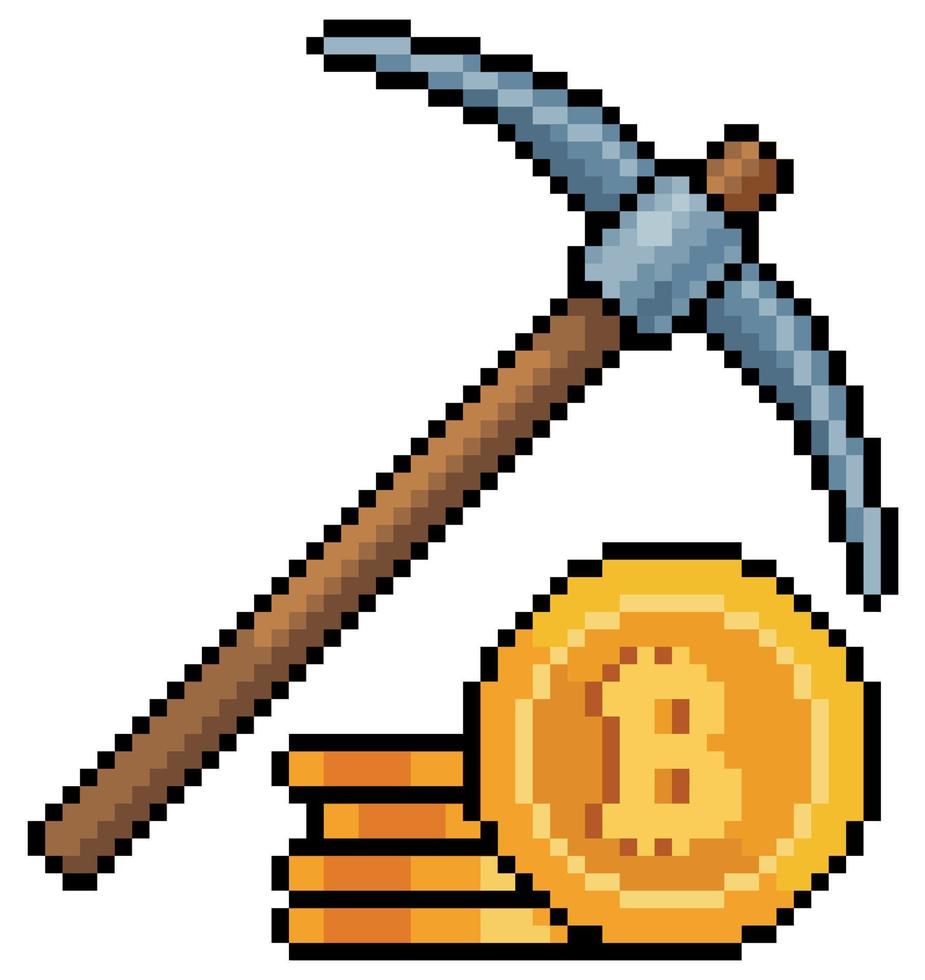 Pixel art bitcoin mining with pickaxe. Investment in cryptocurrencies icon for 8bit game on white background. vector