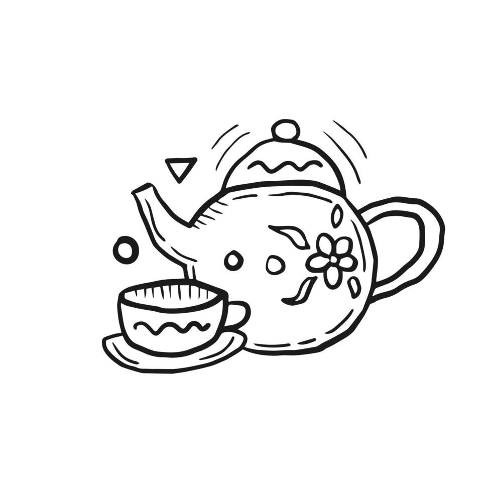 Doodle teapot with cup simple draft vector illustration