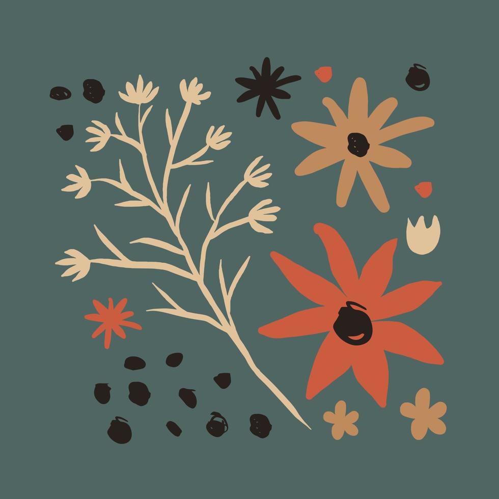 Floral blossom with brunch square vector illustration in modern doodle style