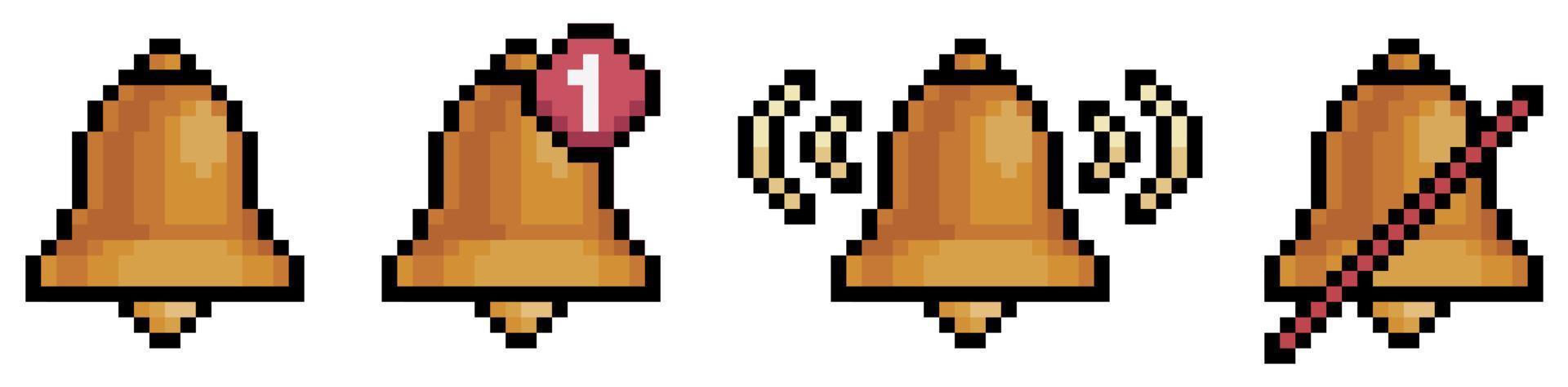 iconos de campana de arte de píxeles. iconos de notificación para icono de vector de interfaz móvil para juego de 8 bits sobre fondo blanco