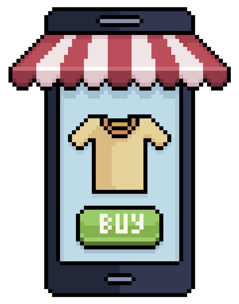 Pixel art buy clothes on mobile. Cell phone with shop awning vector icon for 8bit game on white background