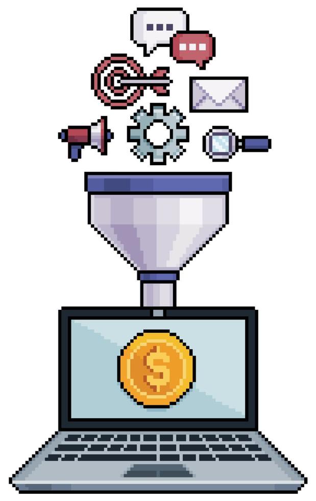 Pixel art online sales funnel for digital marketing vector icon for 8bit game on white background