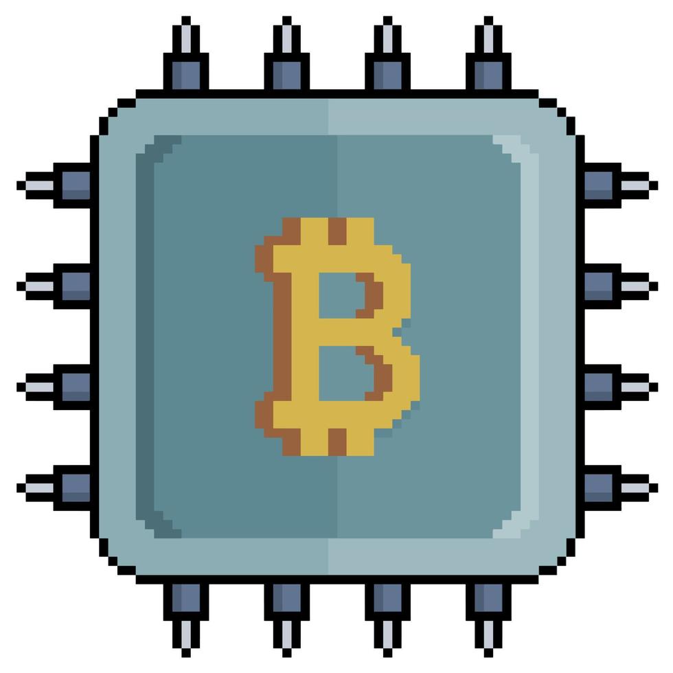 Pixel art bitcoin processor vector icon for 8bit game on white background