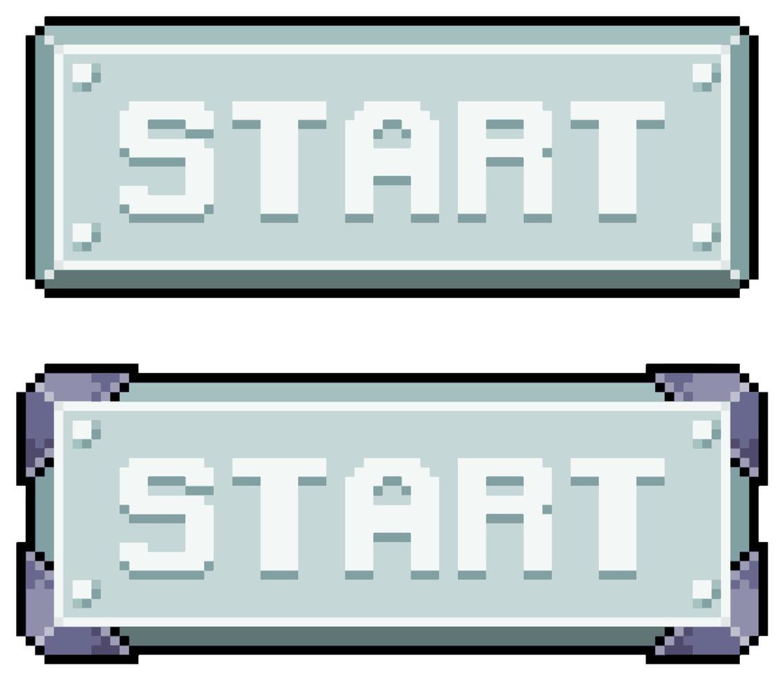 Pixel art metallic style start button vector icon for 8bit game on white background