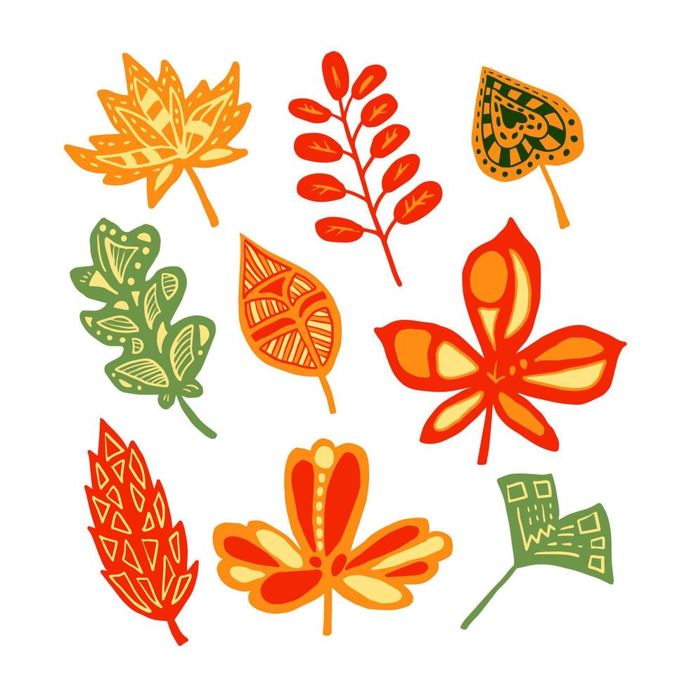 Autumn foliage colored doodle set vector