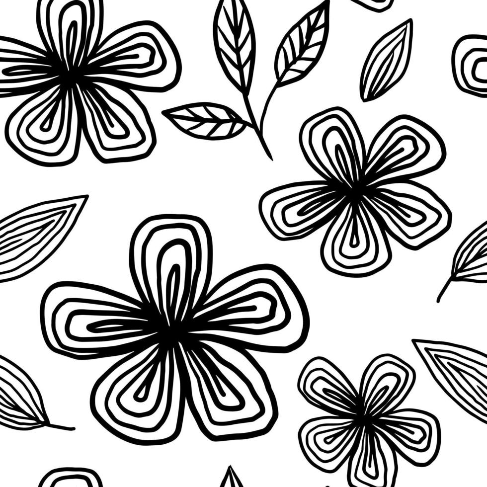 patrón de arte de línea en blanco y negro de doodle de flores vector