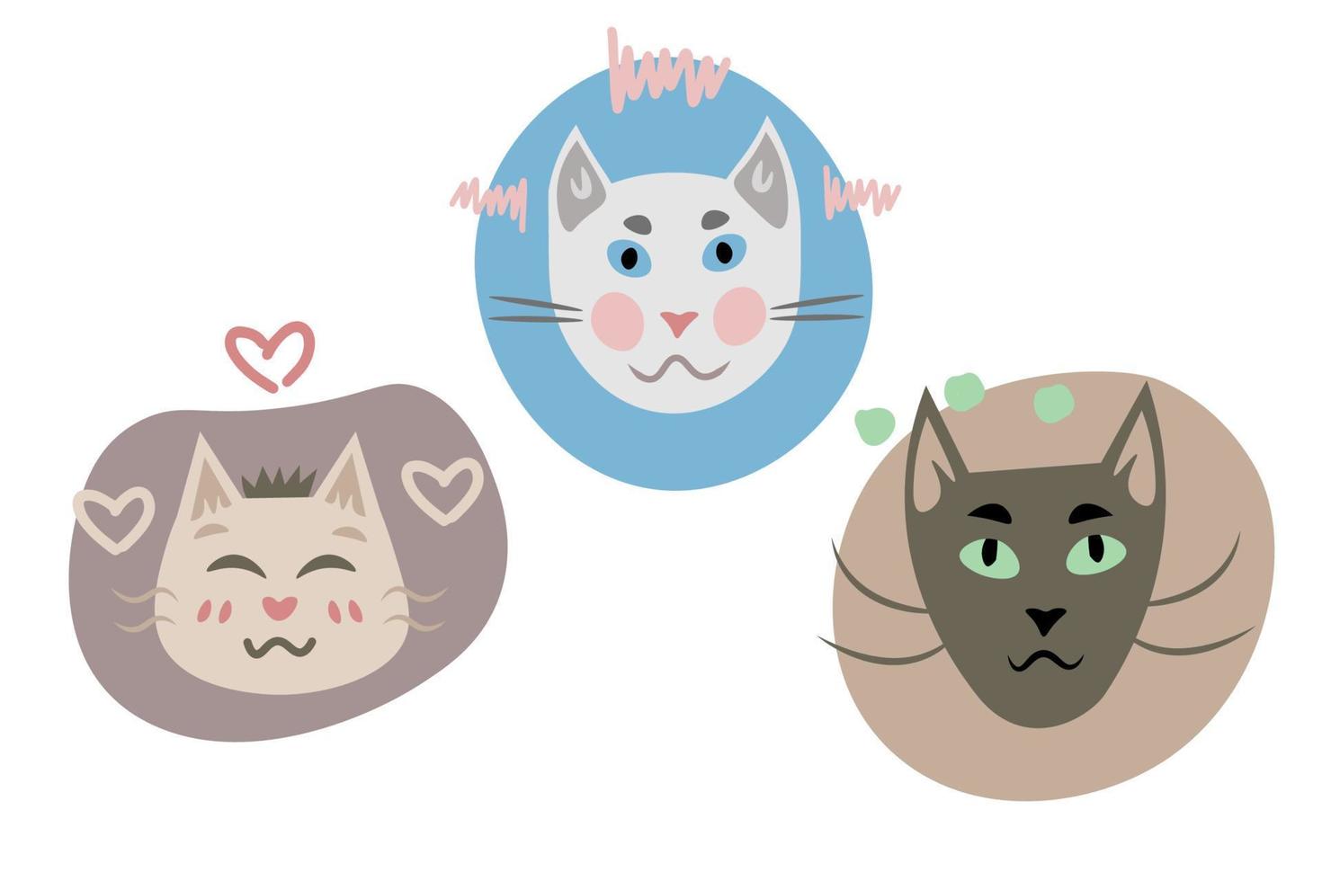 Cats characters heads kids collection with doodles vector