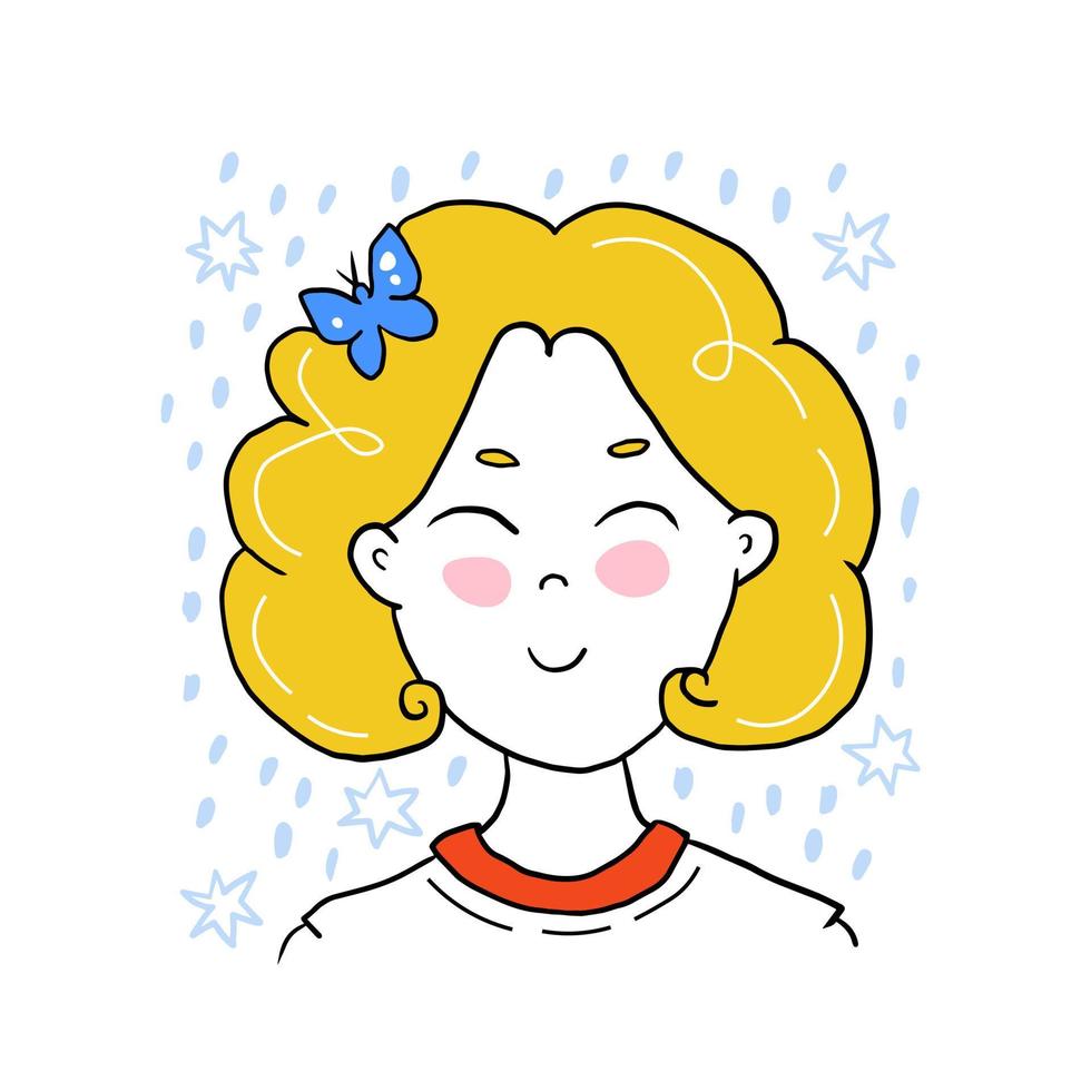 Cute happy girl cartoon doodle square portrait vector