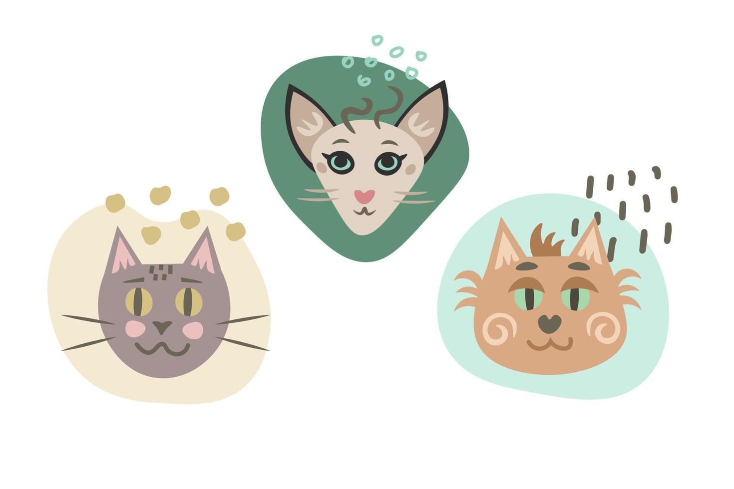 Cats heads with doodles illustrations set vector