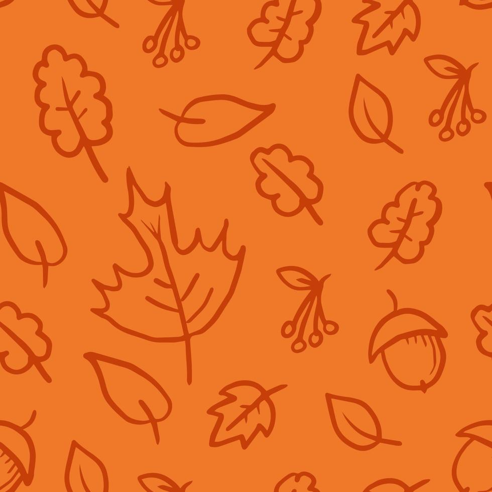 Doodle autumn foliage seamless pattern with leaf, acorn, berries contours vector