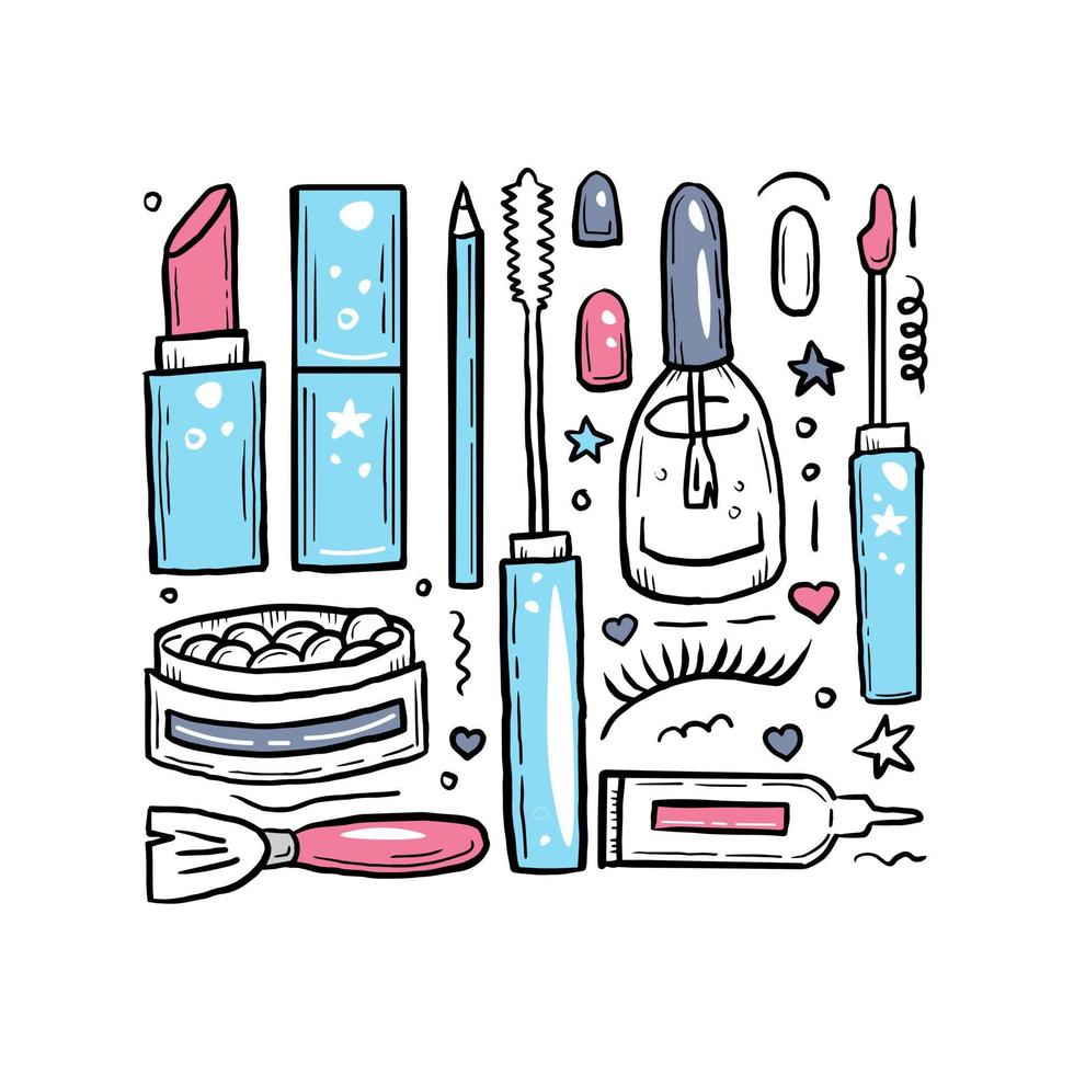 Make up doodle elements cartoon collection, square card vector