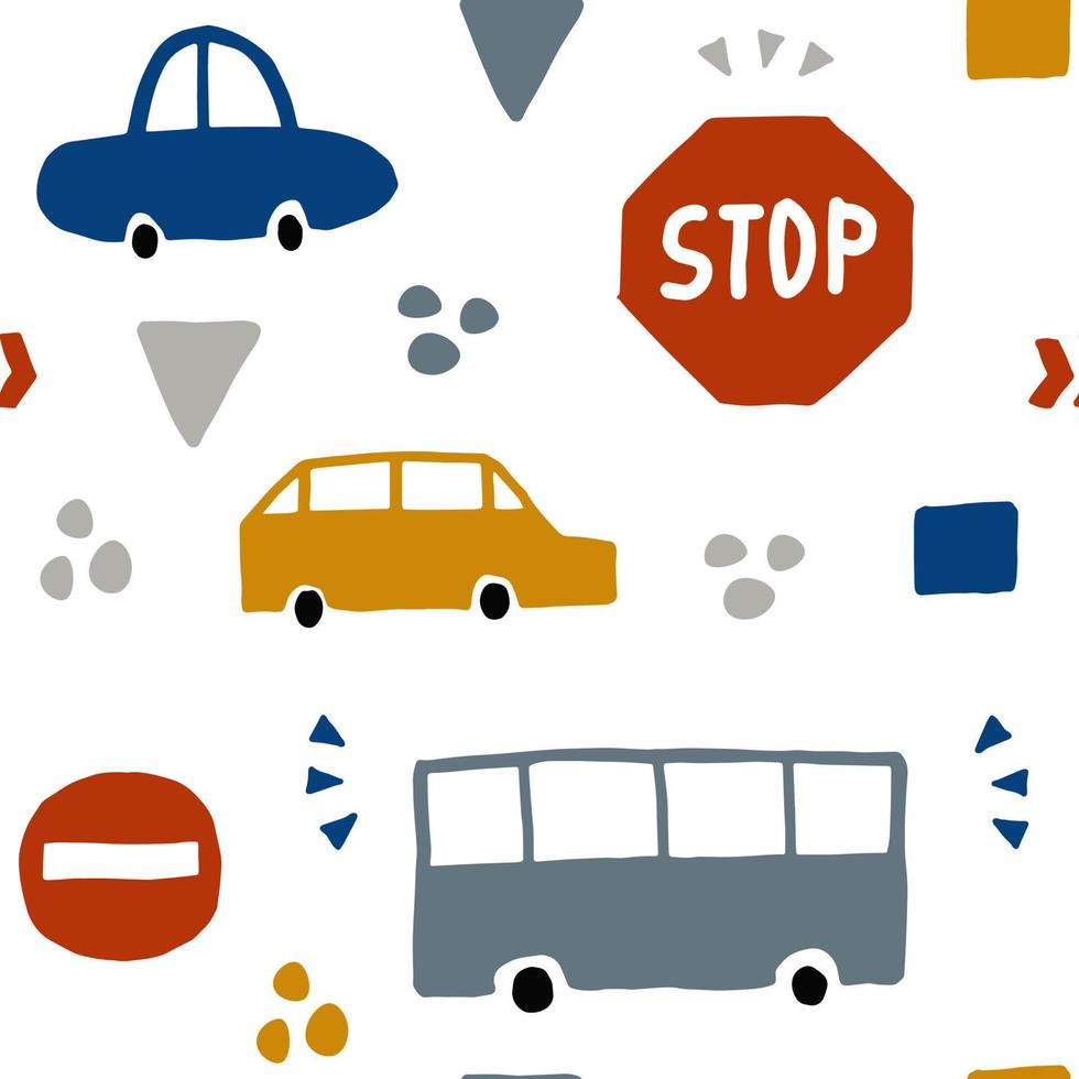 Cute hand drawn various transport seamless pattern in trendy cartoon style vector