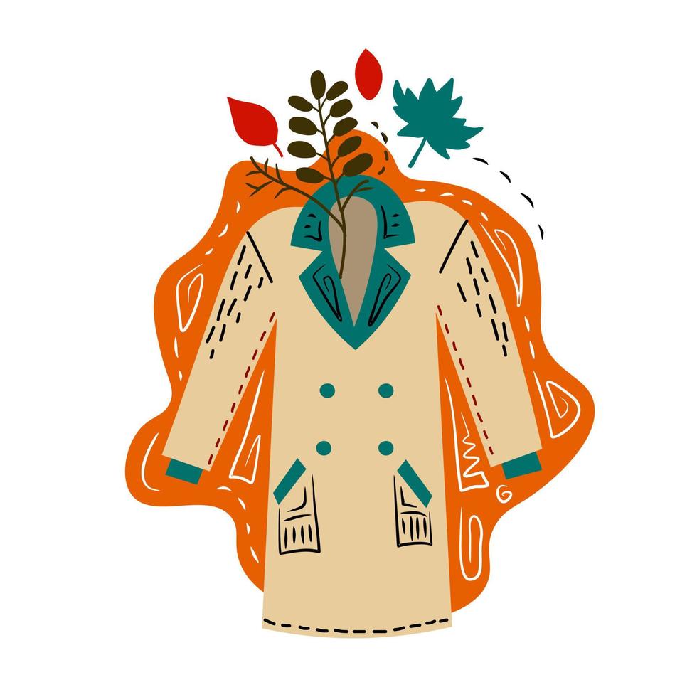 Cozy autumn coat doodle vector illustration with leaves
