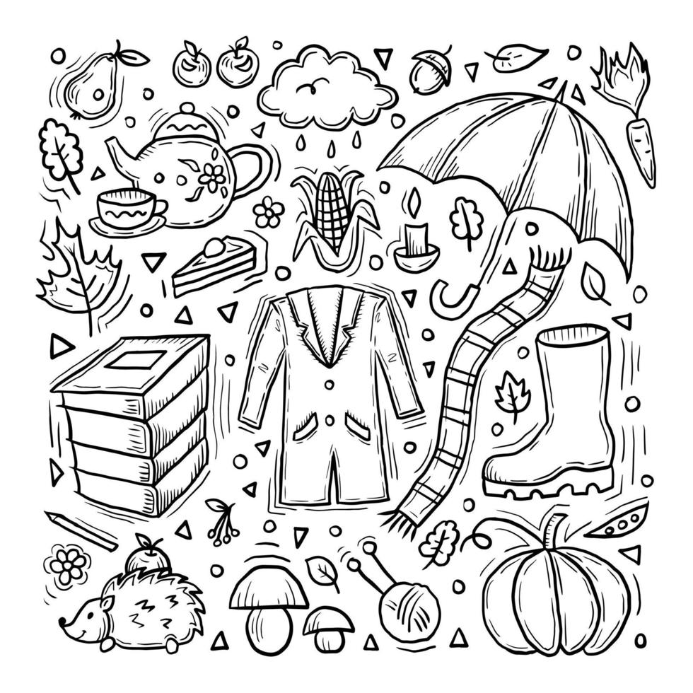 conjunto de dibujos animados en blanco y negro de doodle de otoño vector