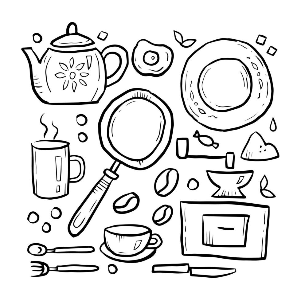 Breakfast black and white doodle set, square card vector