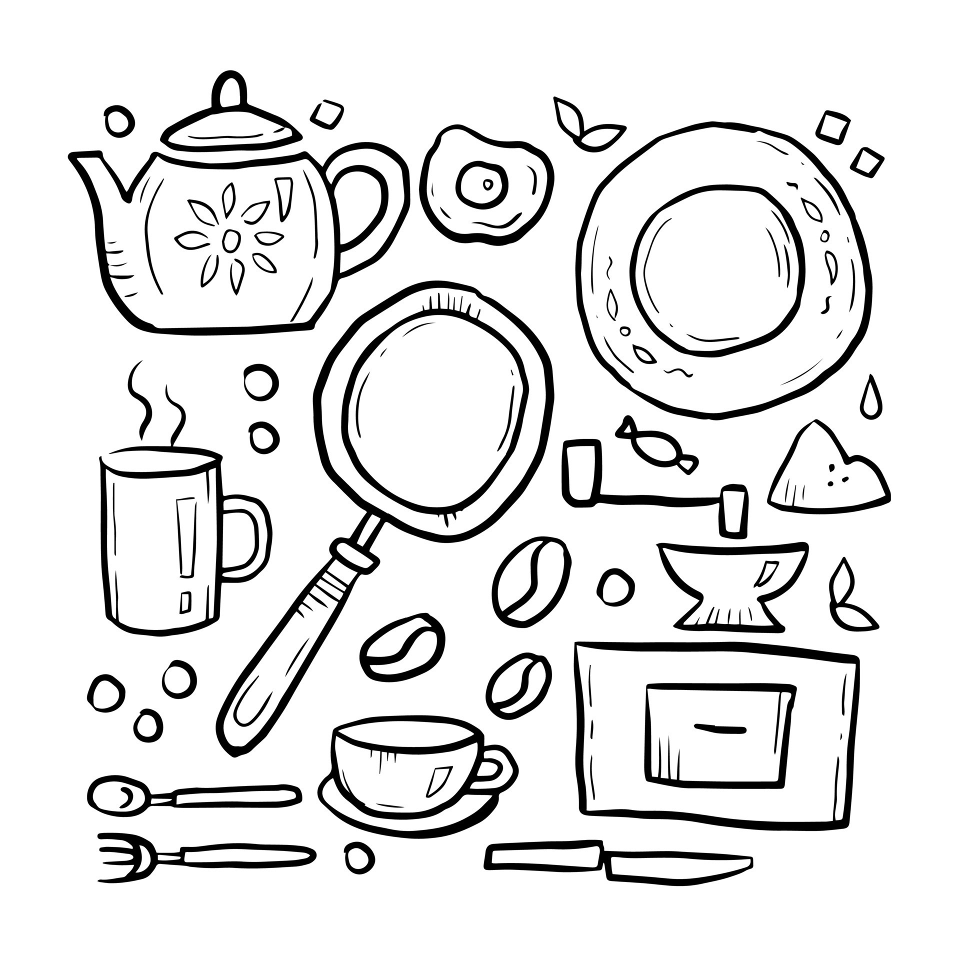 Breakfast black and white doodle set, square card 9878600 Vector Art at